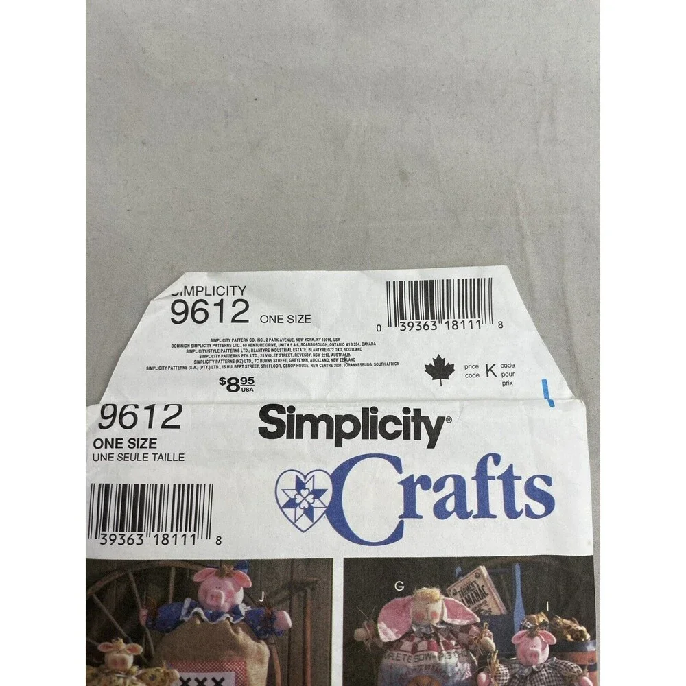 Simplicity 9612 Crafts Sewing Pattern Stuffed Feed Sack Dolls Pig Cow Animals